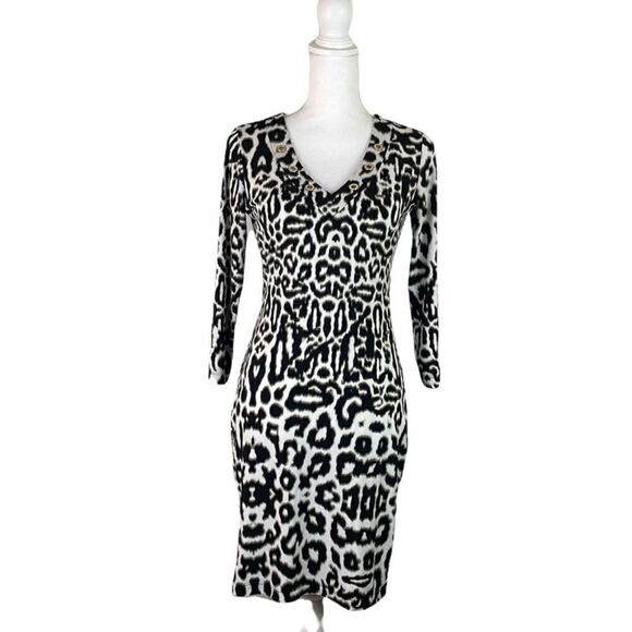 Calvin Klein Dresses & Skirts - Size P Calvin Klein Cheetah Dress 3/4 Sleeve Gold Circles at Neckline Fall Dress